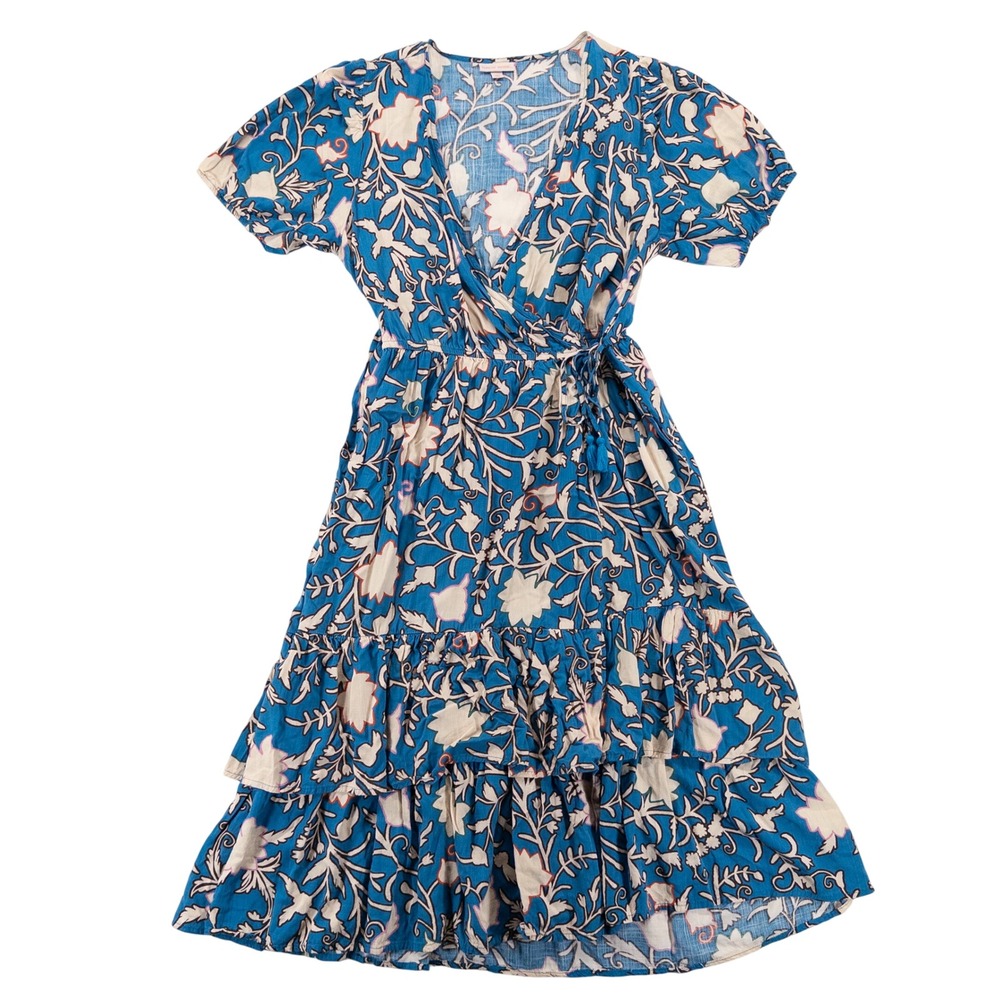 Knox Rose Womens Wrap Midi Dress XXL Blue Floral Boho Tiered Ruffle Short Sleeve